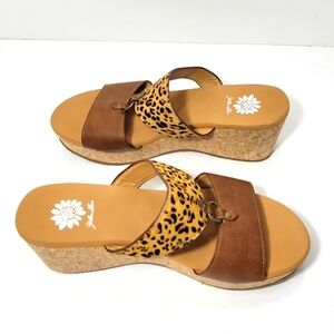 Yellow Box  Akina Leopard Print Cork Wedge Slip on Sandals Size 9